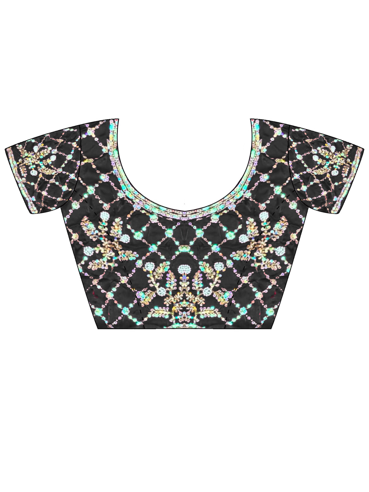 Unstitched black satin blouse piece with embellished design