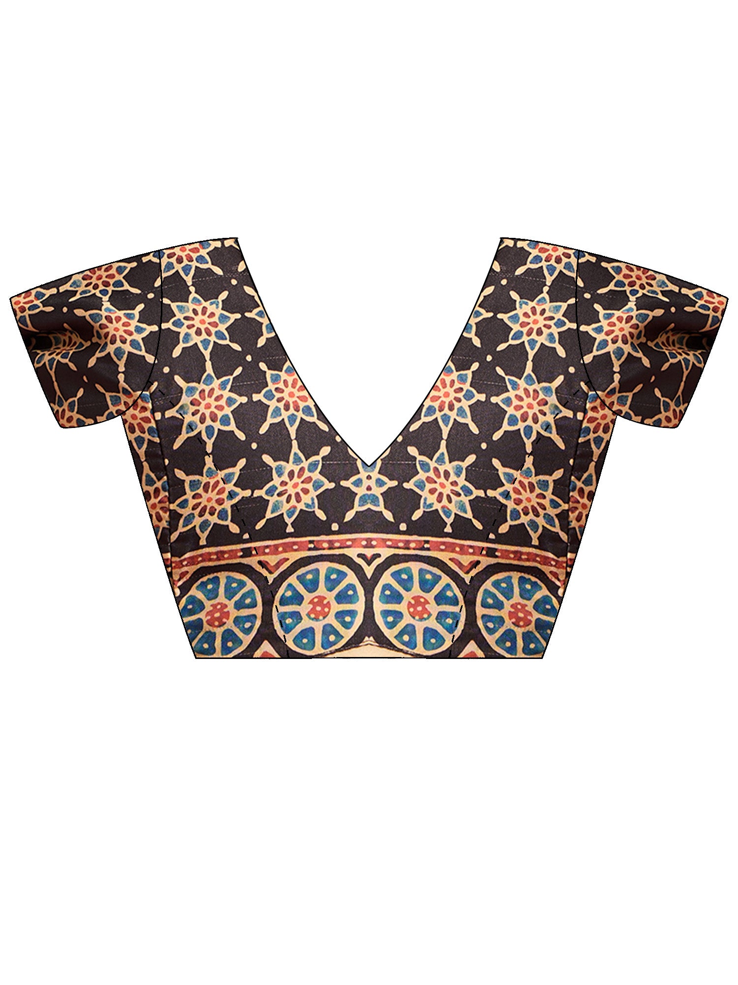 Unstitched black silk blend blouse piece with ajrak design