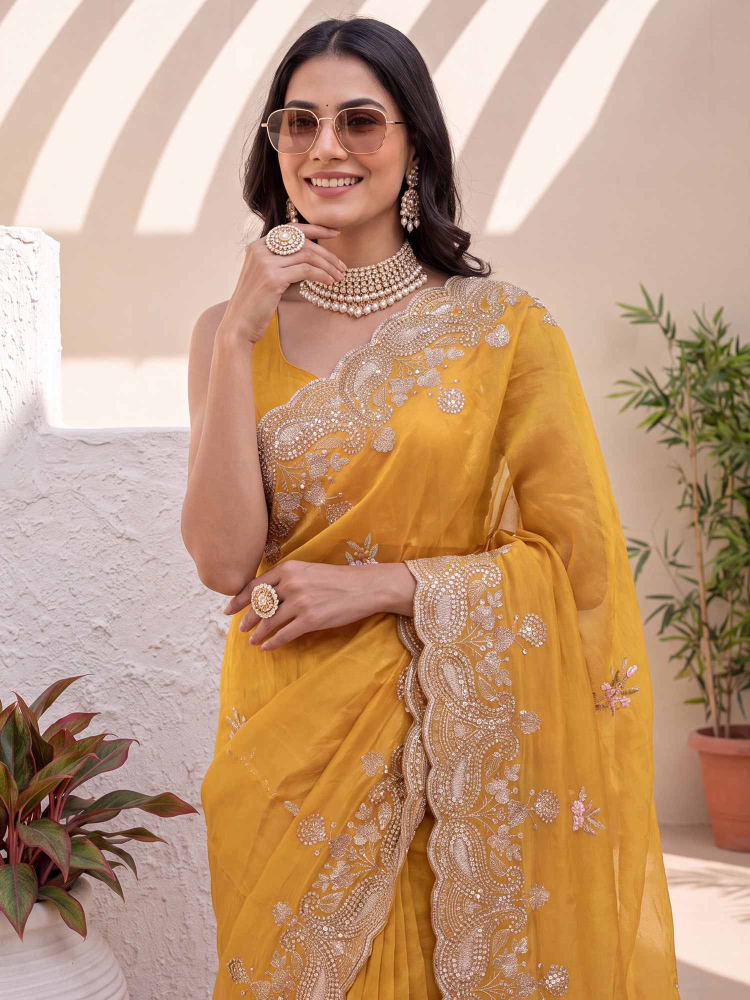 Mustard Satin saree – detail view 4