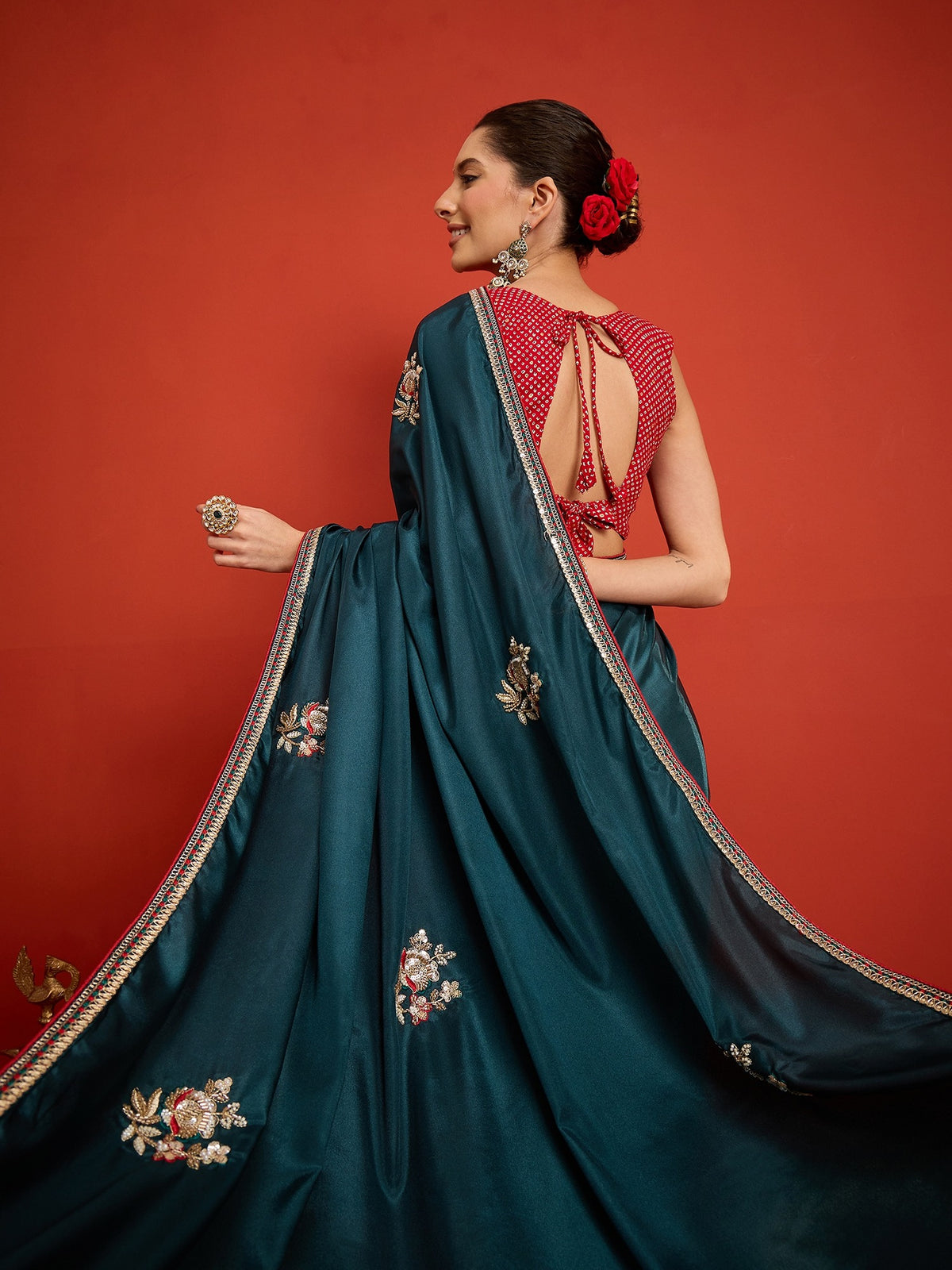 Teal Green satin silk saree view 6