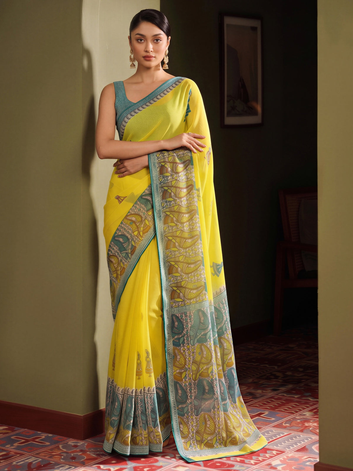 Yellow georgette saree view 3