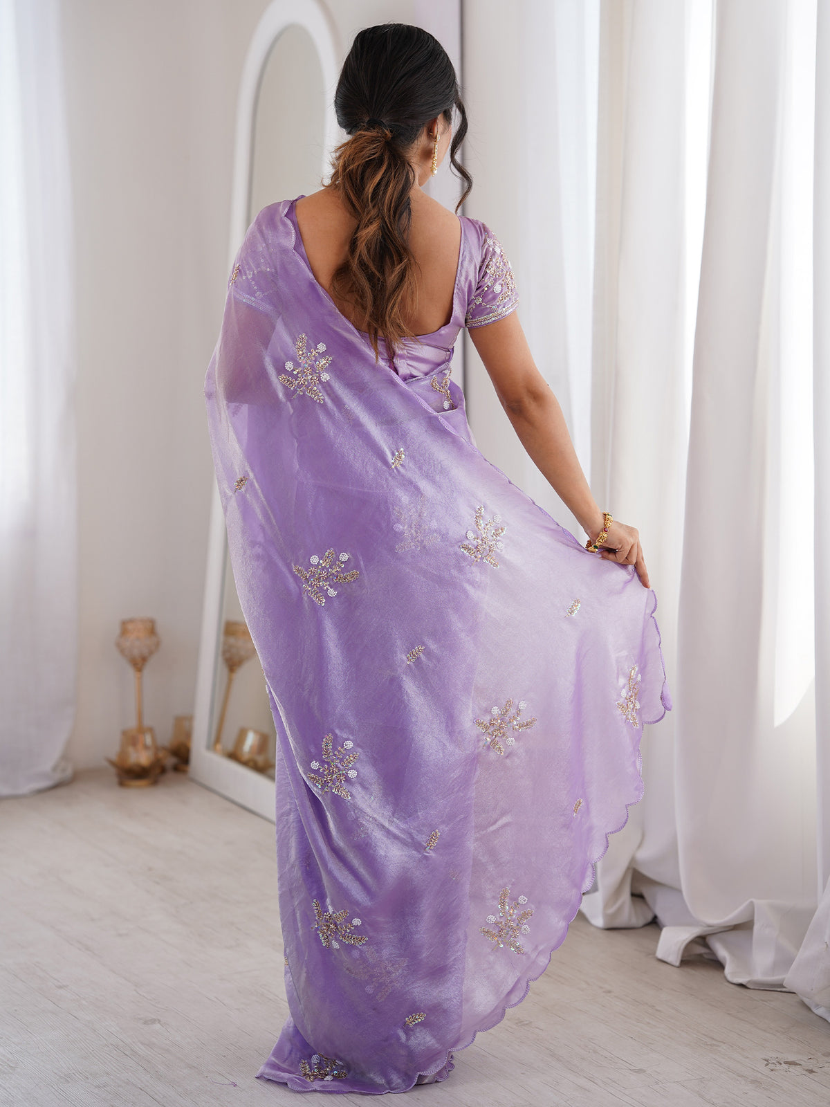 Lavender Satin saree – detail view 1