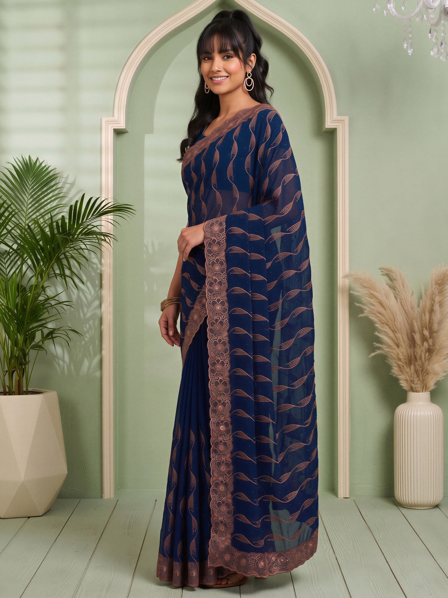 Teal Blue Pure Georgette saree – detail view 2