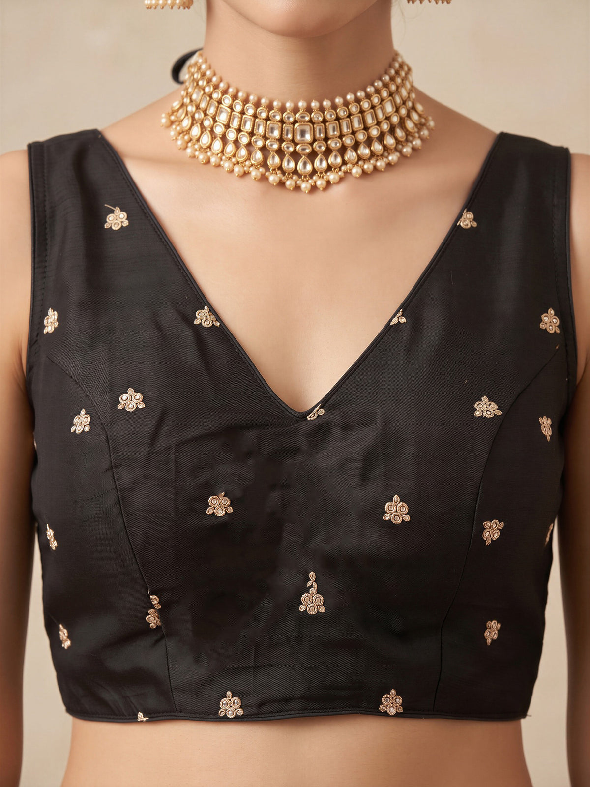 Black sequin embellished vichitra silk sleeveless readymade saree blouse with v neck view 4
