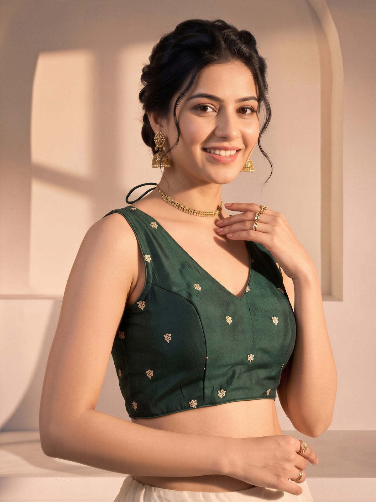 Green sequin embellished vichitra silk sleeveless readymade saree blouse with v neck