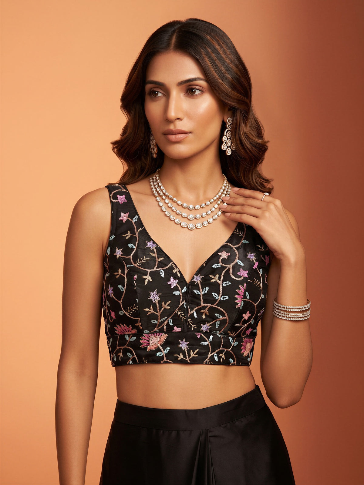 Black sequin embellished satin sleeveless readymade saree blouse with deep v neck view 2