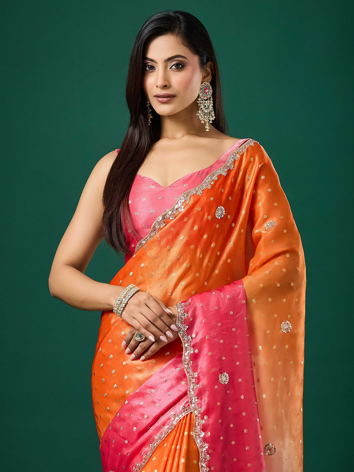 Orange Satin saree – detail view 4