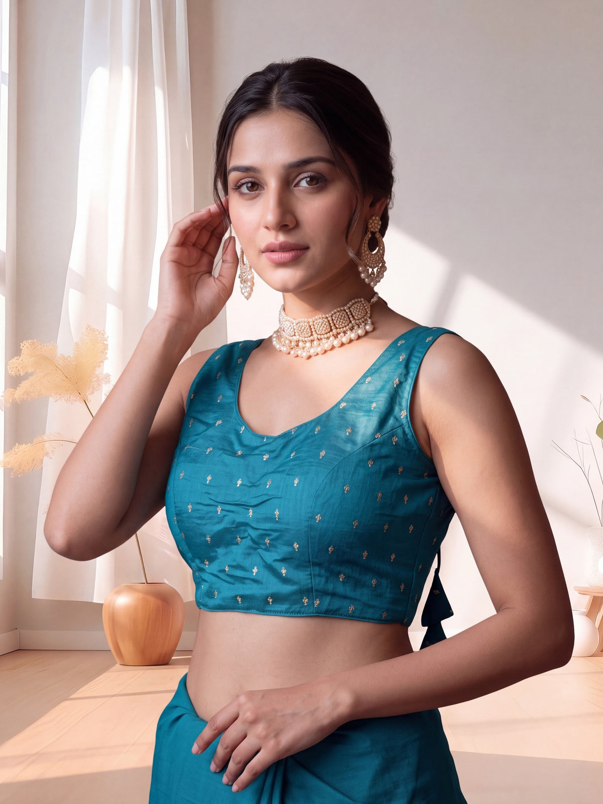 Teal Blue sequin embellished silk blend sleeveless readymade saree blouse with round neck view 4