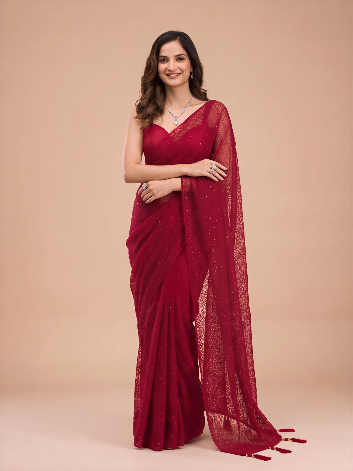 Maroon Net saree – detail view 1