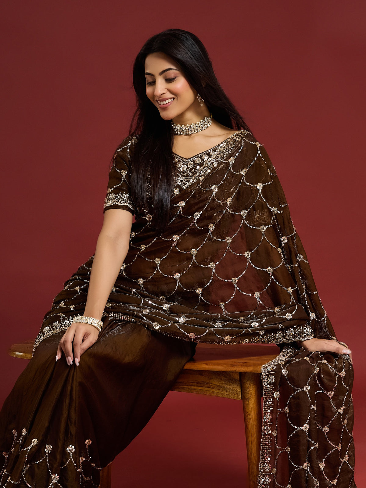 Brown Satin saree – detail view 2