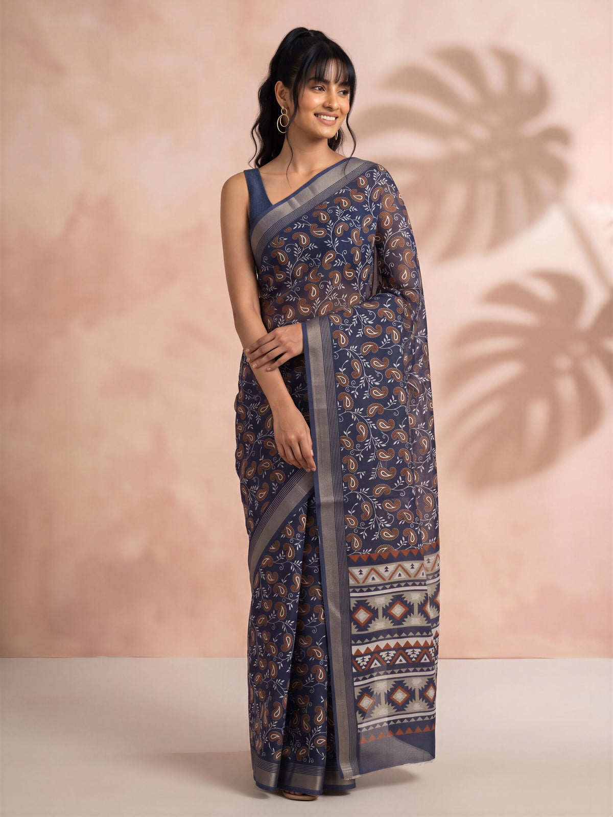 Navy Blue Cotton Linen saree – detail view 3