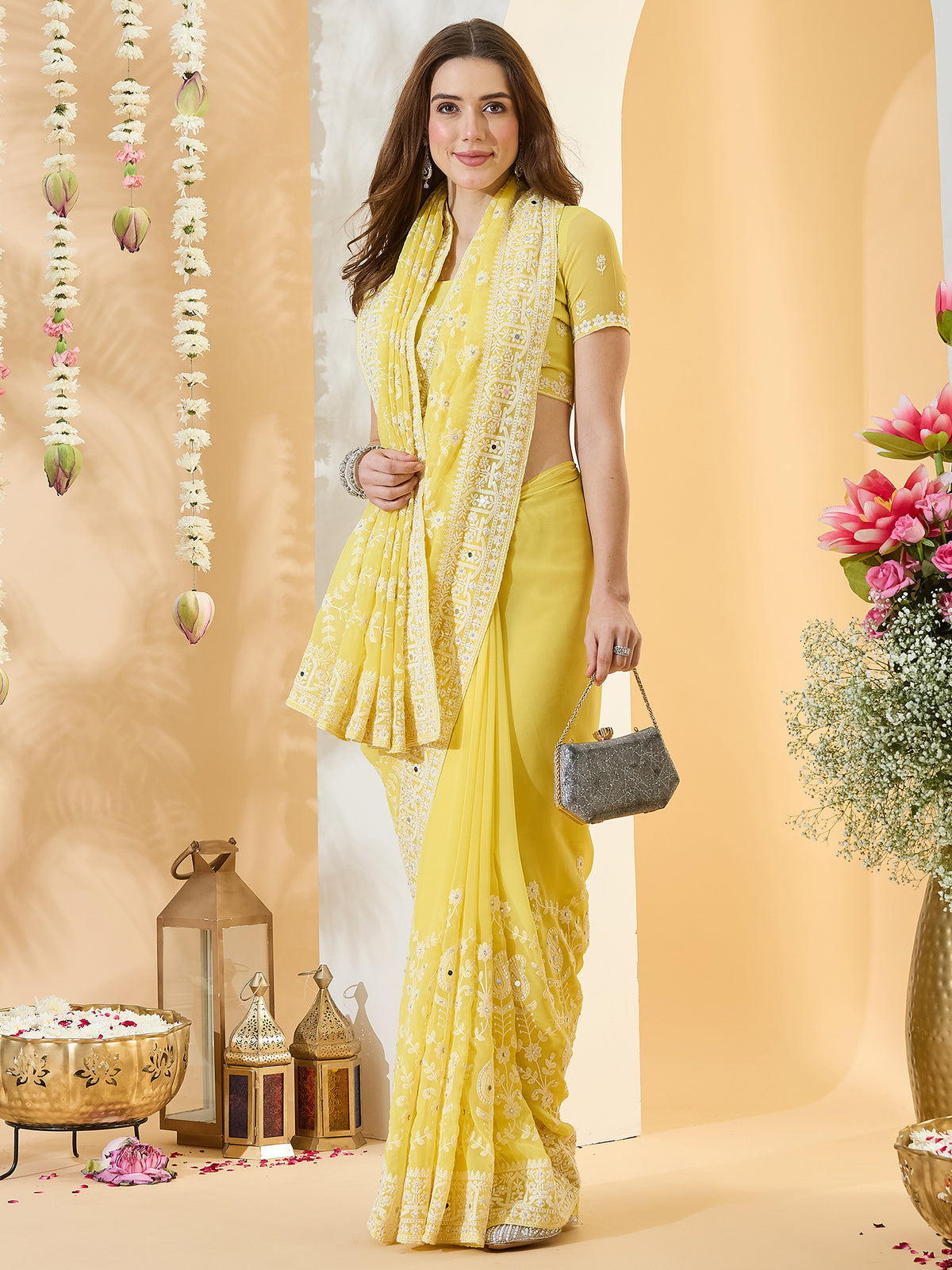 Yellow Georgette saree – detail view 3