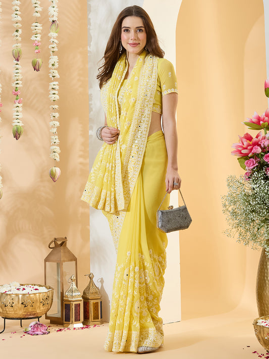Yellow Georgette saree – detail view 3