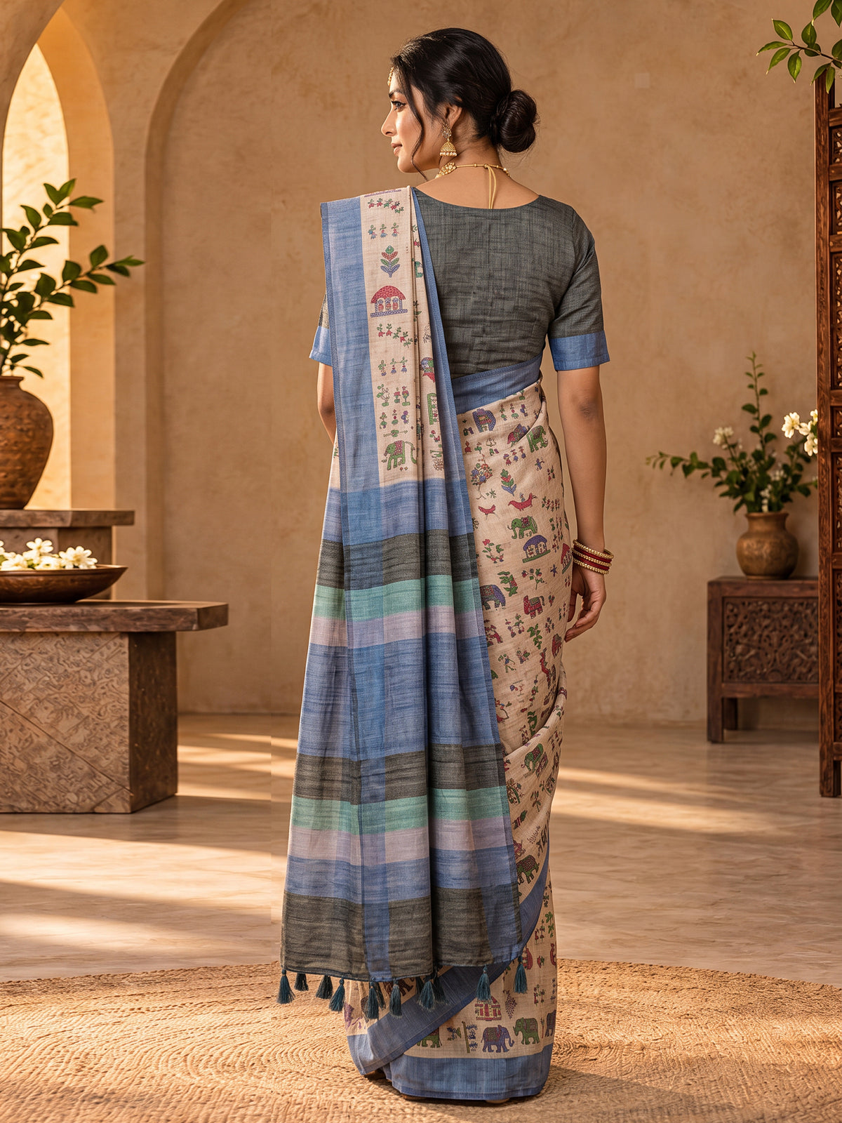 Beige soft silk saree view 3