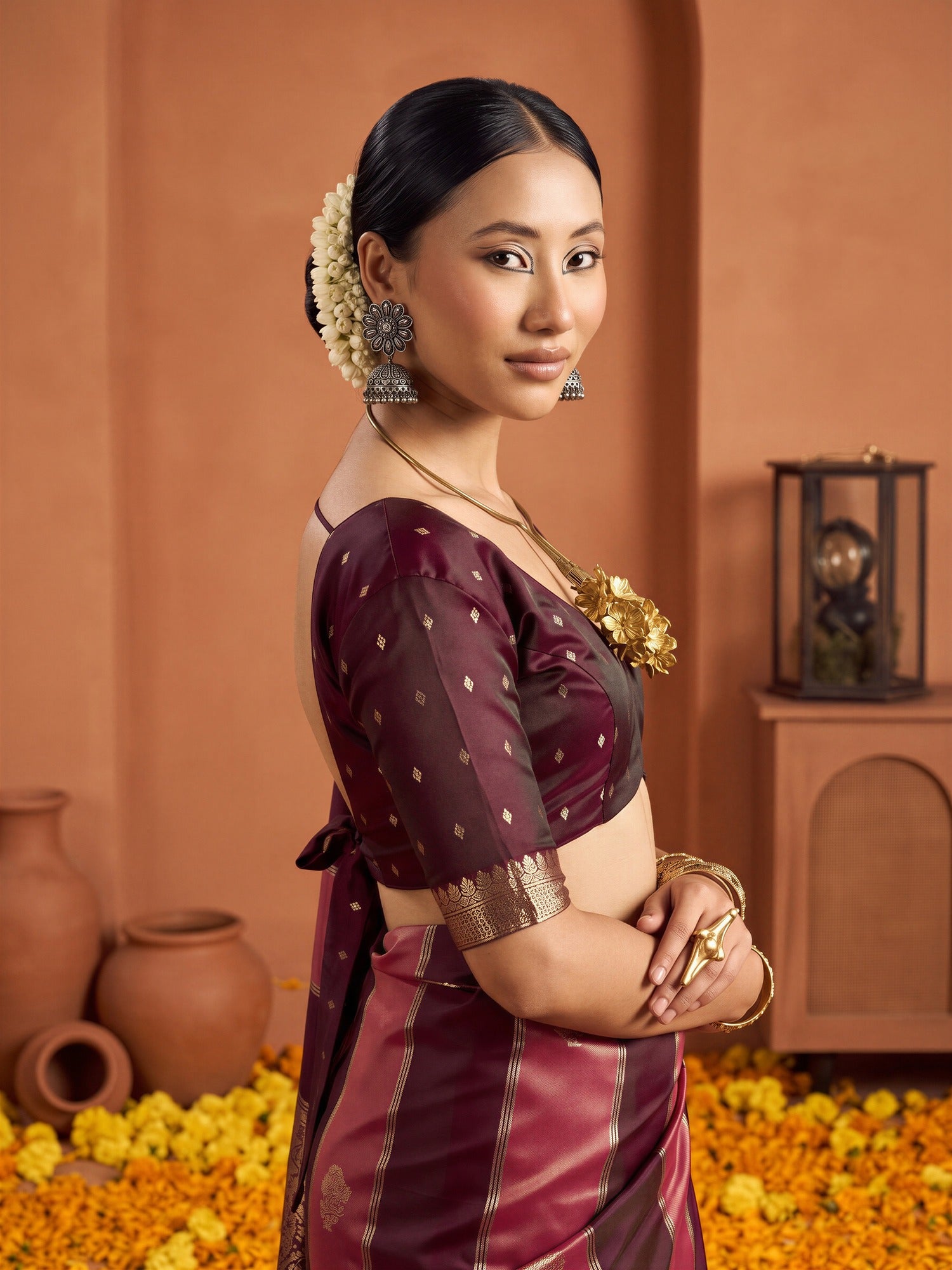 Unstitched wine satin blouse piece with zari butta design