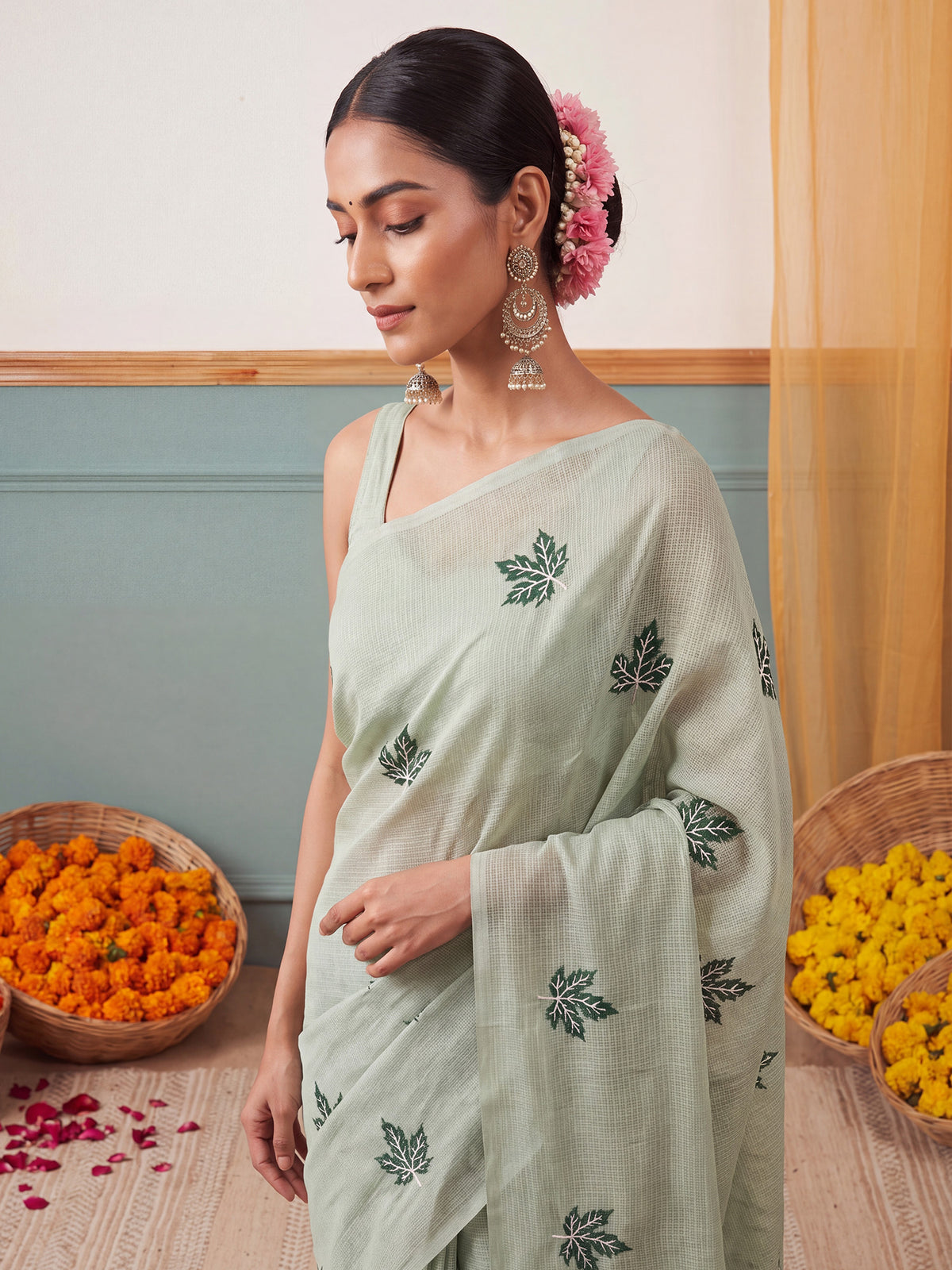Mint Green Kota Doria Cotton saree – detail view 3