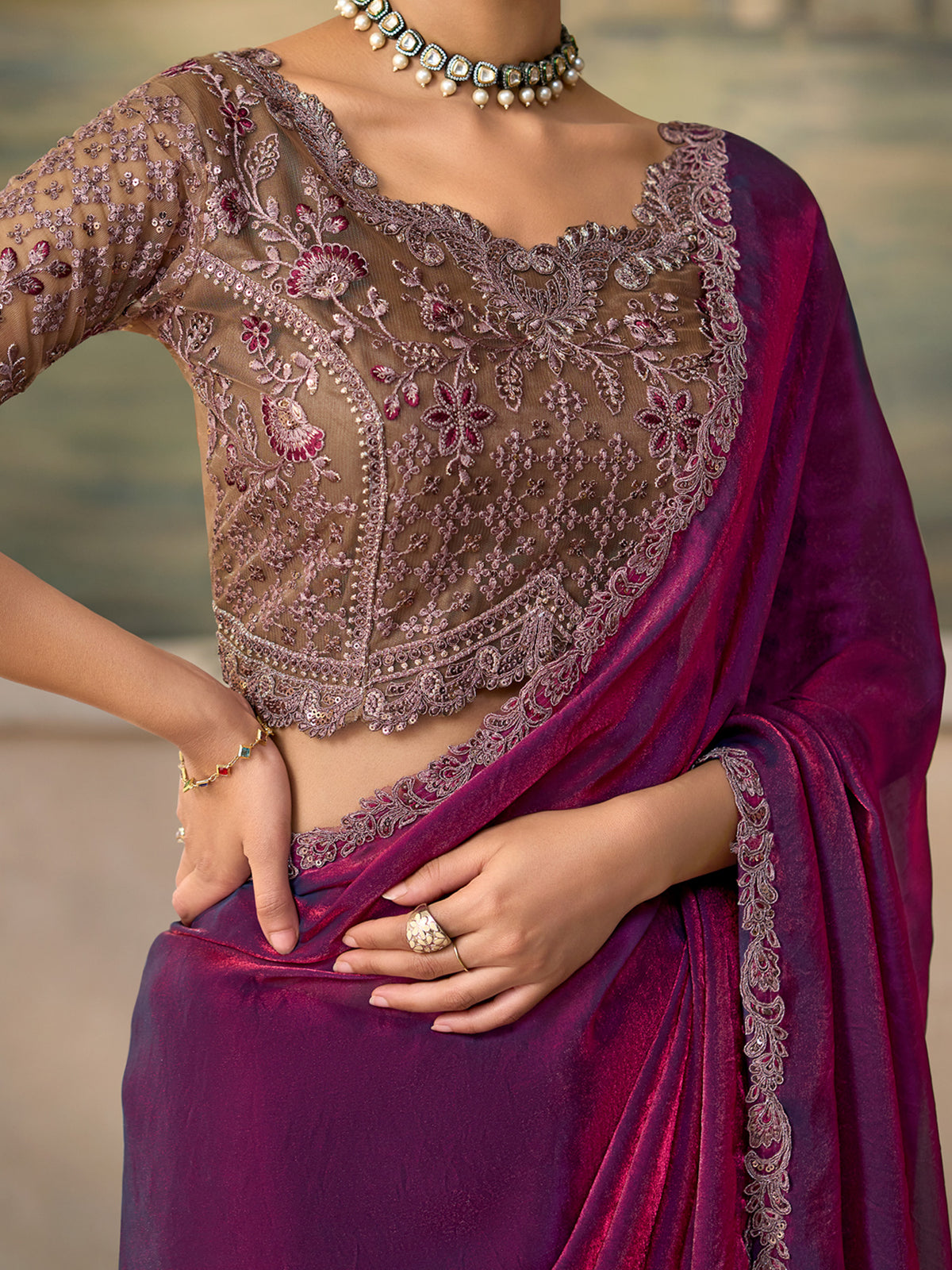 Purple Satin Silk saree – detail view 3