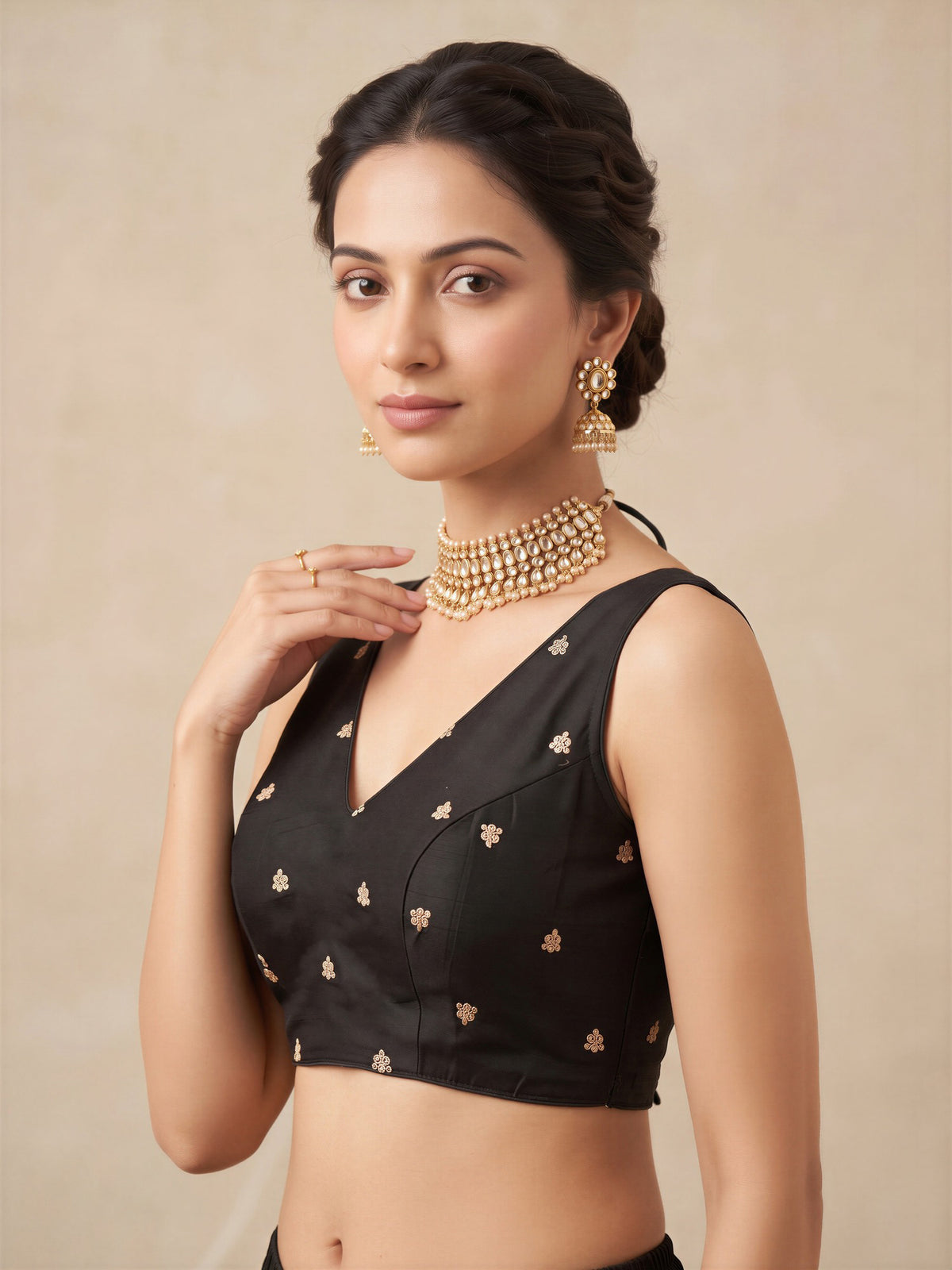 Black sequin embellished vichitra silk sleeveless readymade saree blouse with v neck view 2