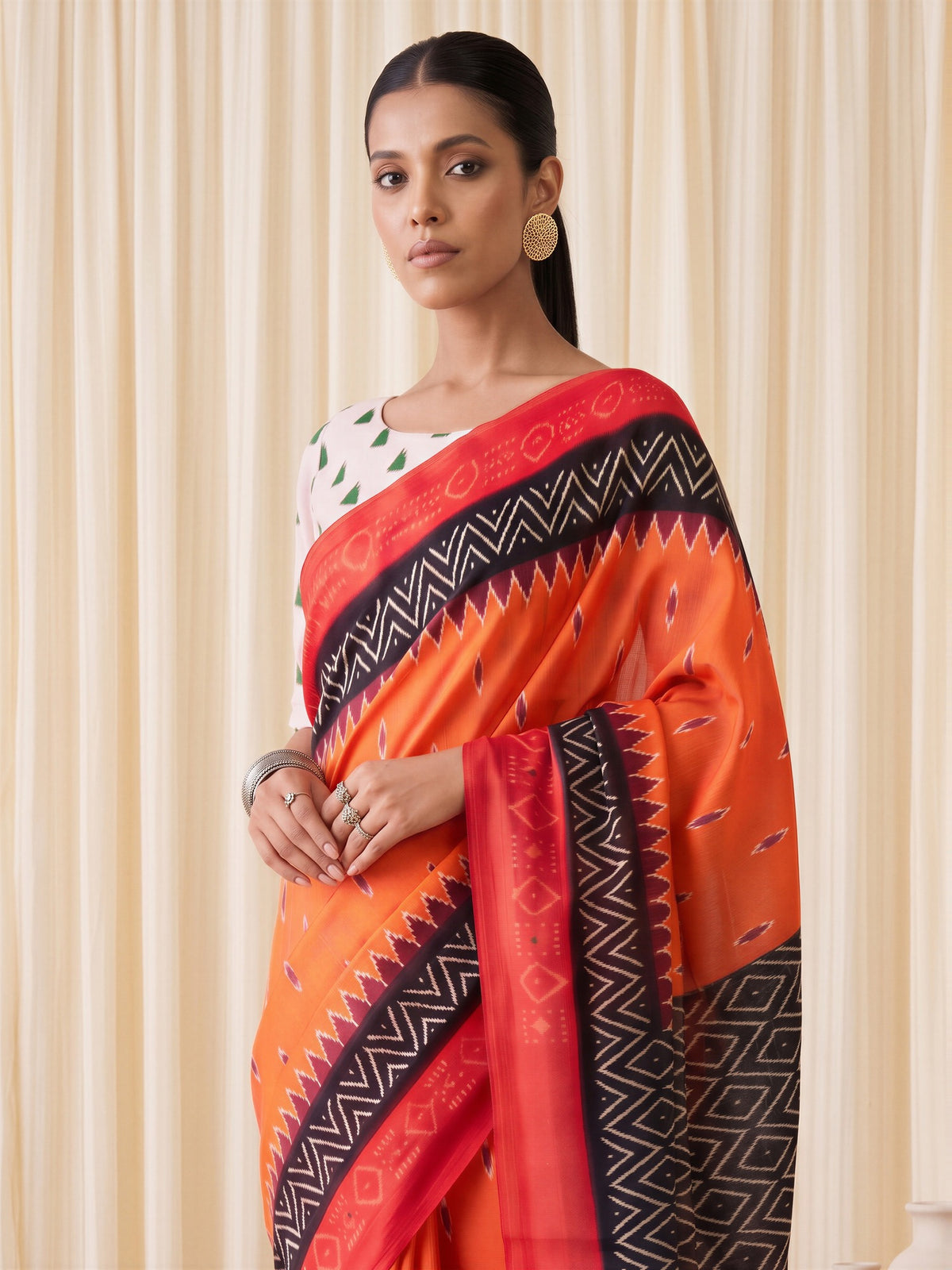Orange Cotton Blend saree – detail view 4