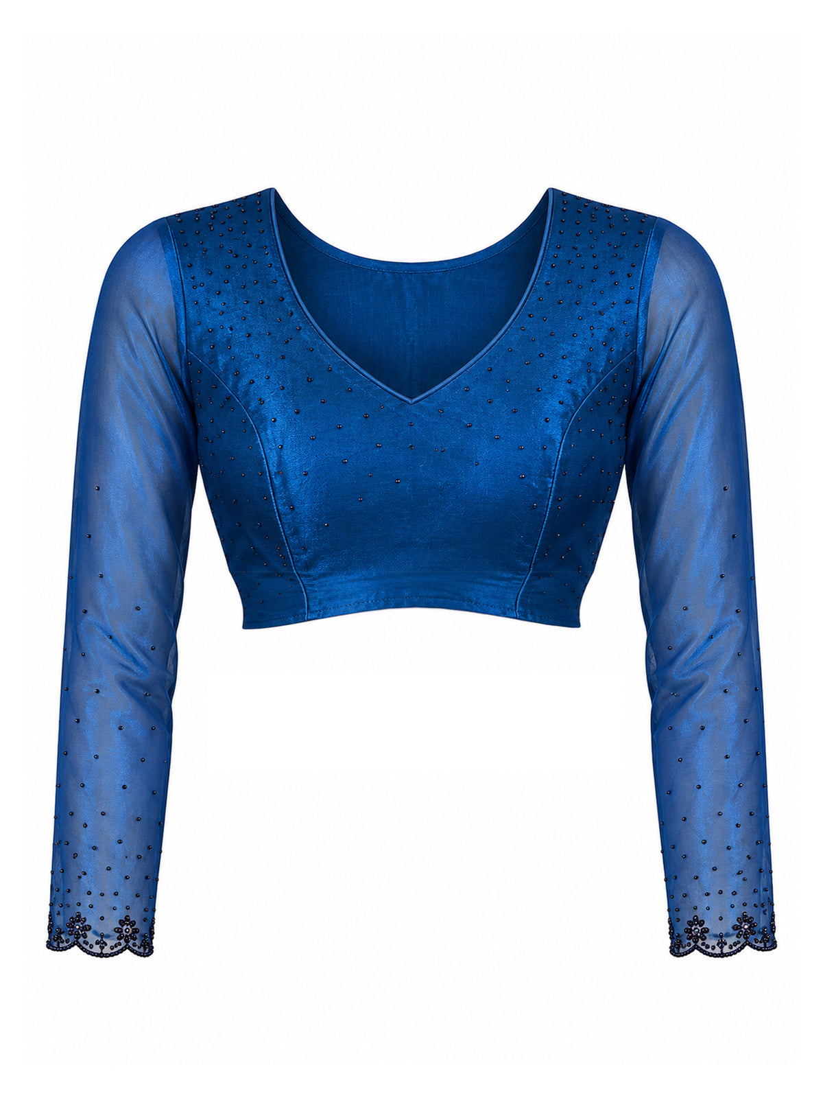 Unstitched teal blue satin silk blouse piece with embellished design