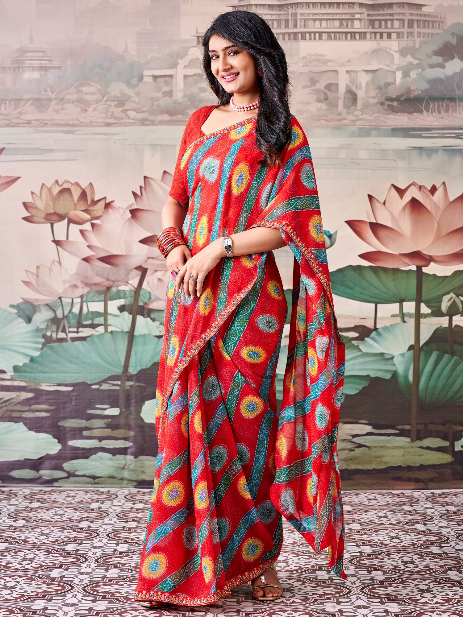 Red Georgette saree – detail view 1