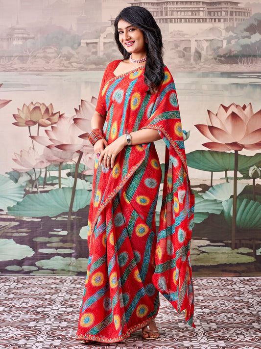Red Georgette saree – detail view 1
