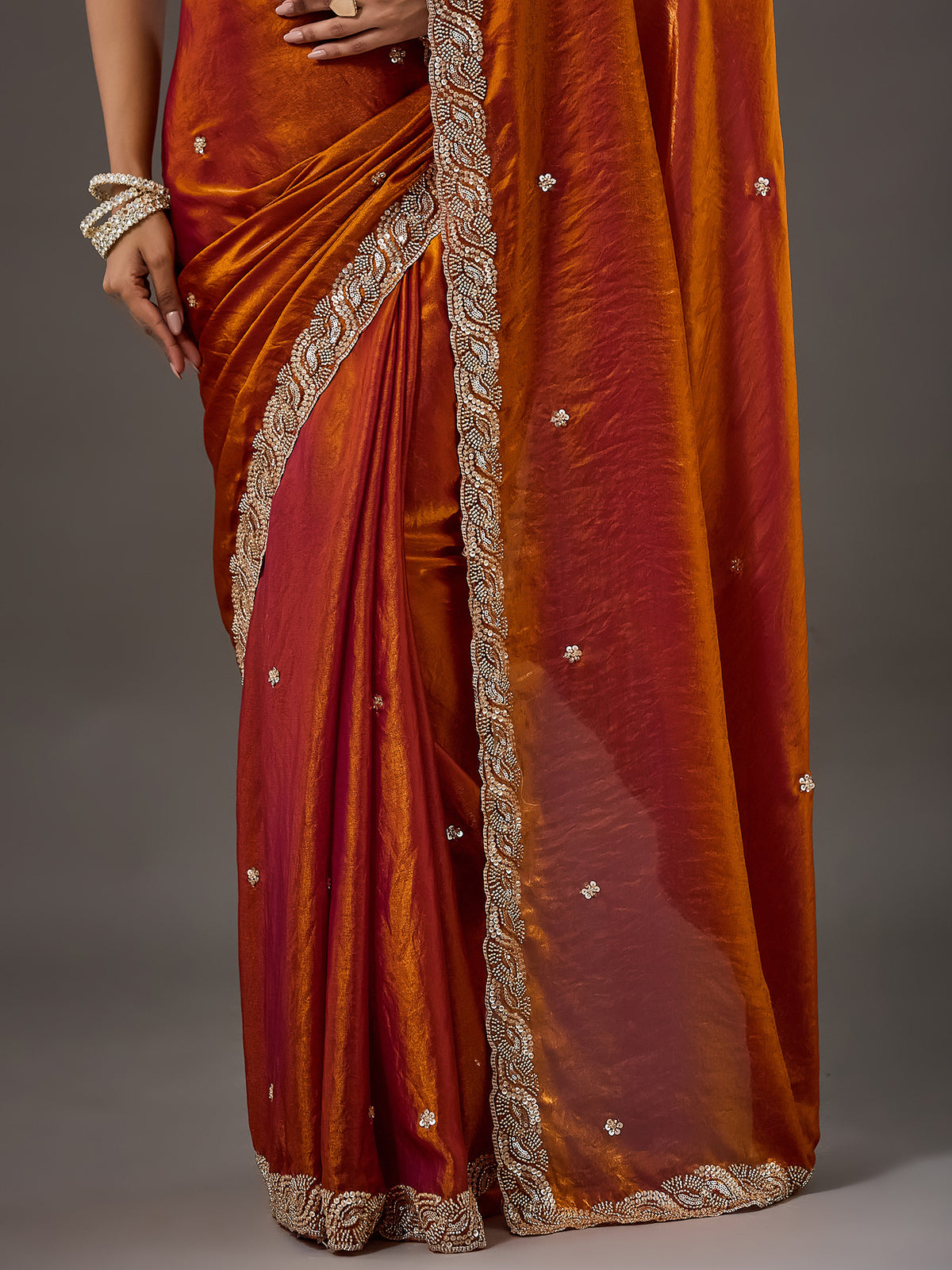 Orange Satin saree – detail view 4