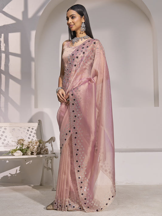 Mauve organza saree view 1