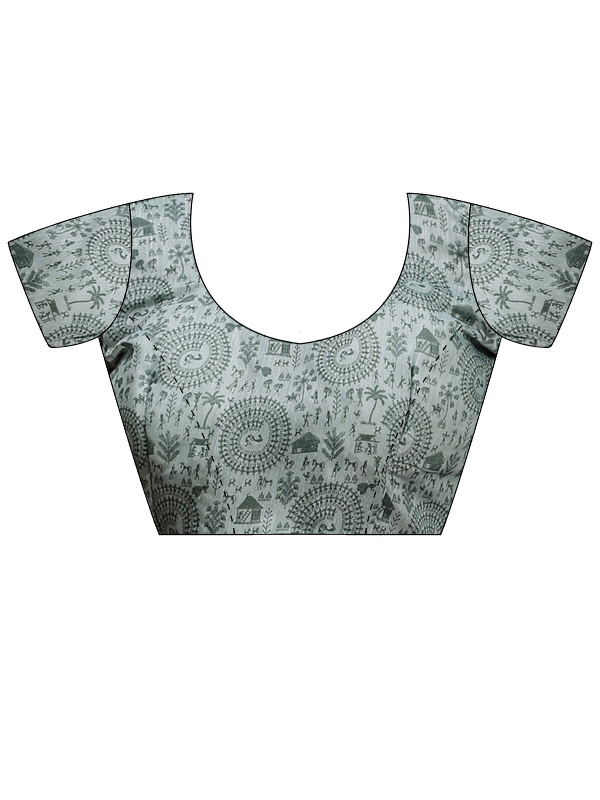 Unstitched grey cotton linen blouse piece with warli design