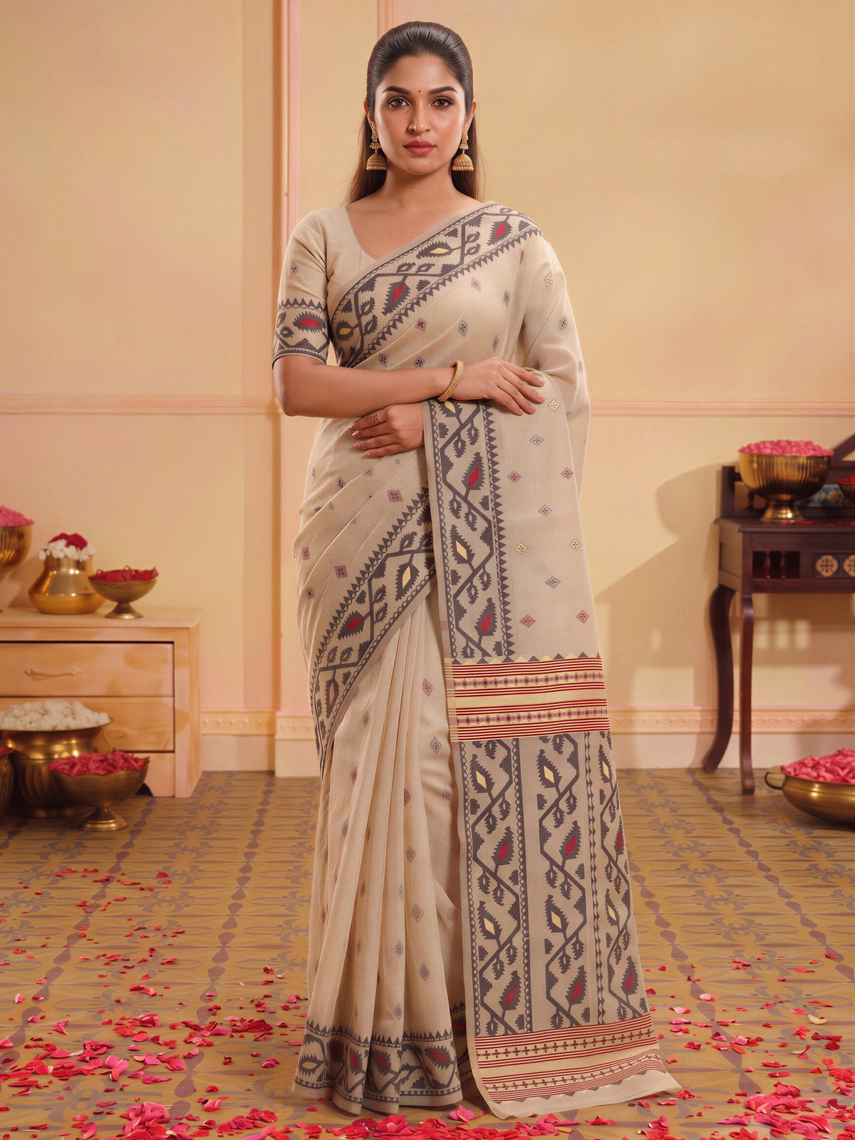 Beige linen saree view 3