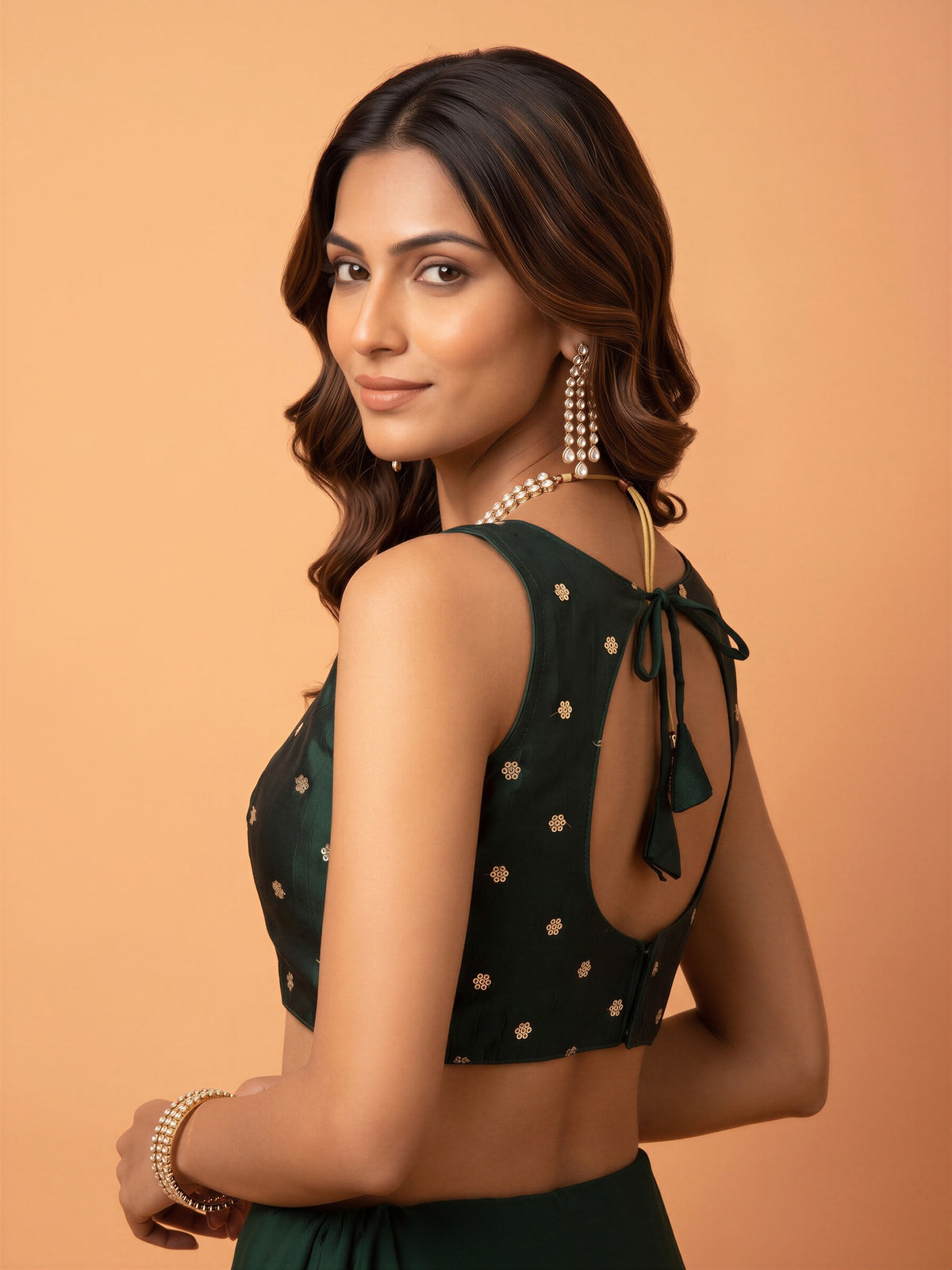 Dark Green sequin embellished chinnon sleeveless readymade saree blouse with round neck view 1