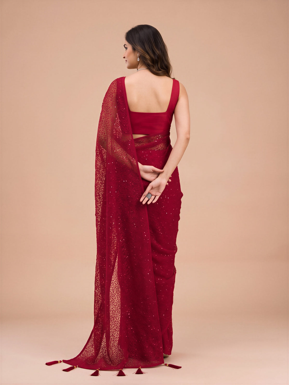 Maroon Net saree – detail view 4