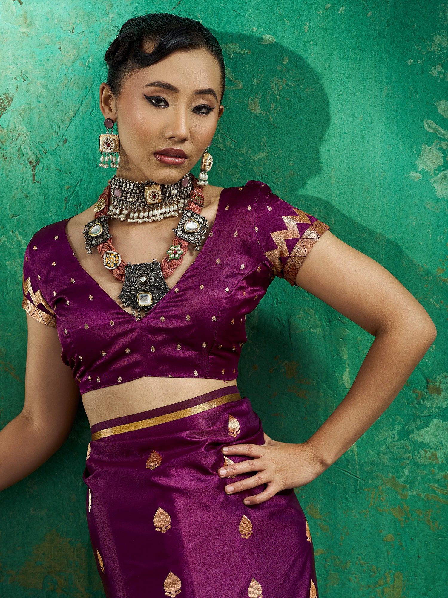 Unstitched wine satin silk blouse piece with zari butta design