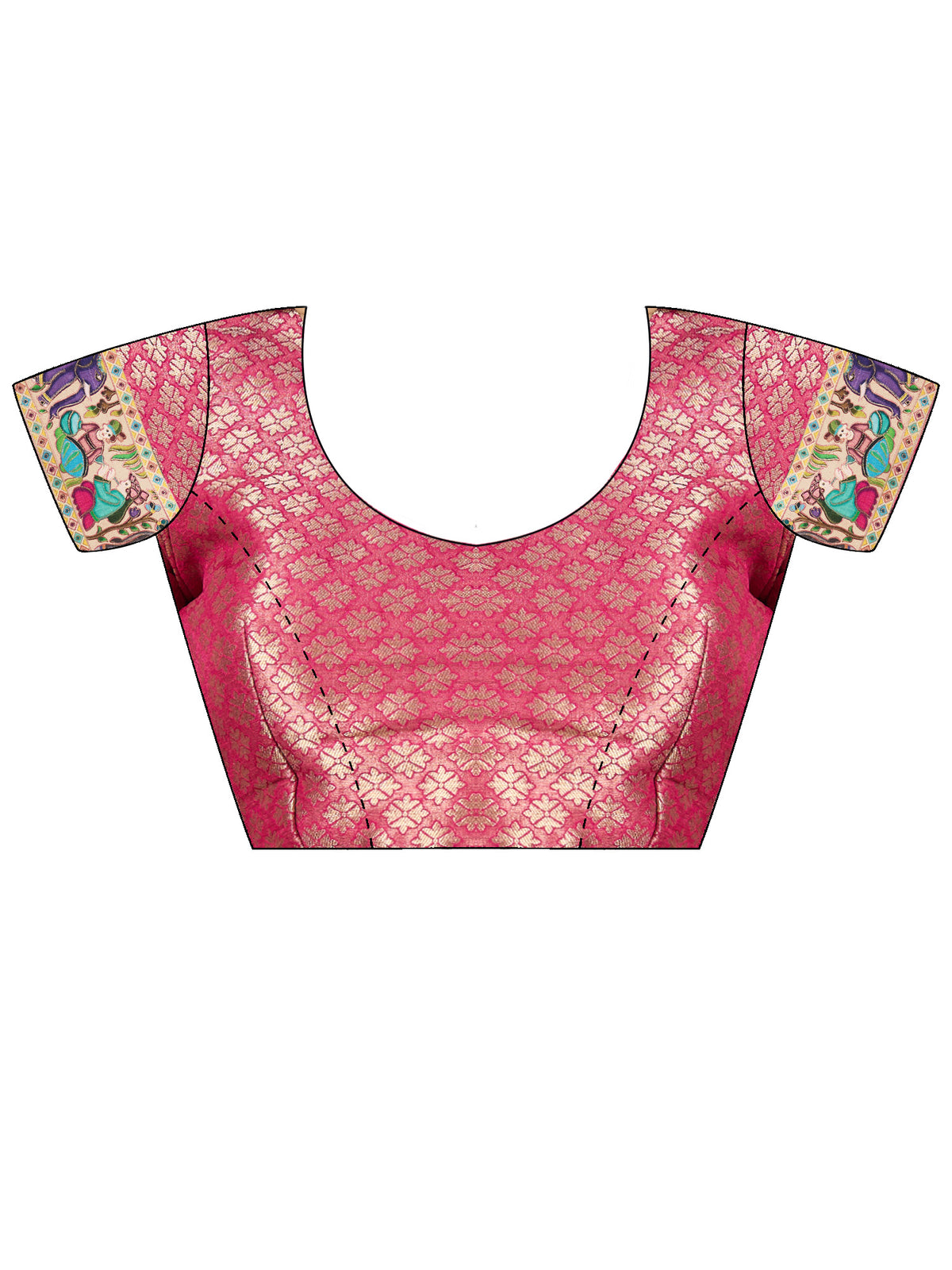 Unstitched pink viscose silk blouse piece with ethnic motif design