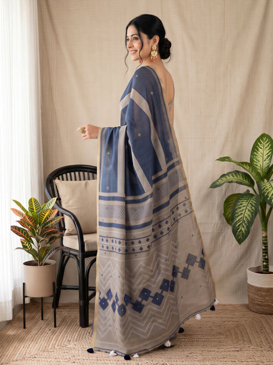 Navy Blue Linen Blend saree – detail view 1