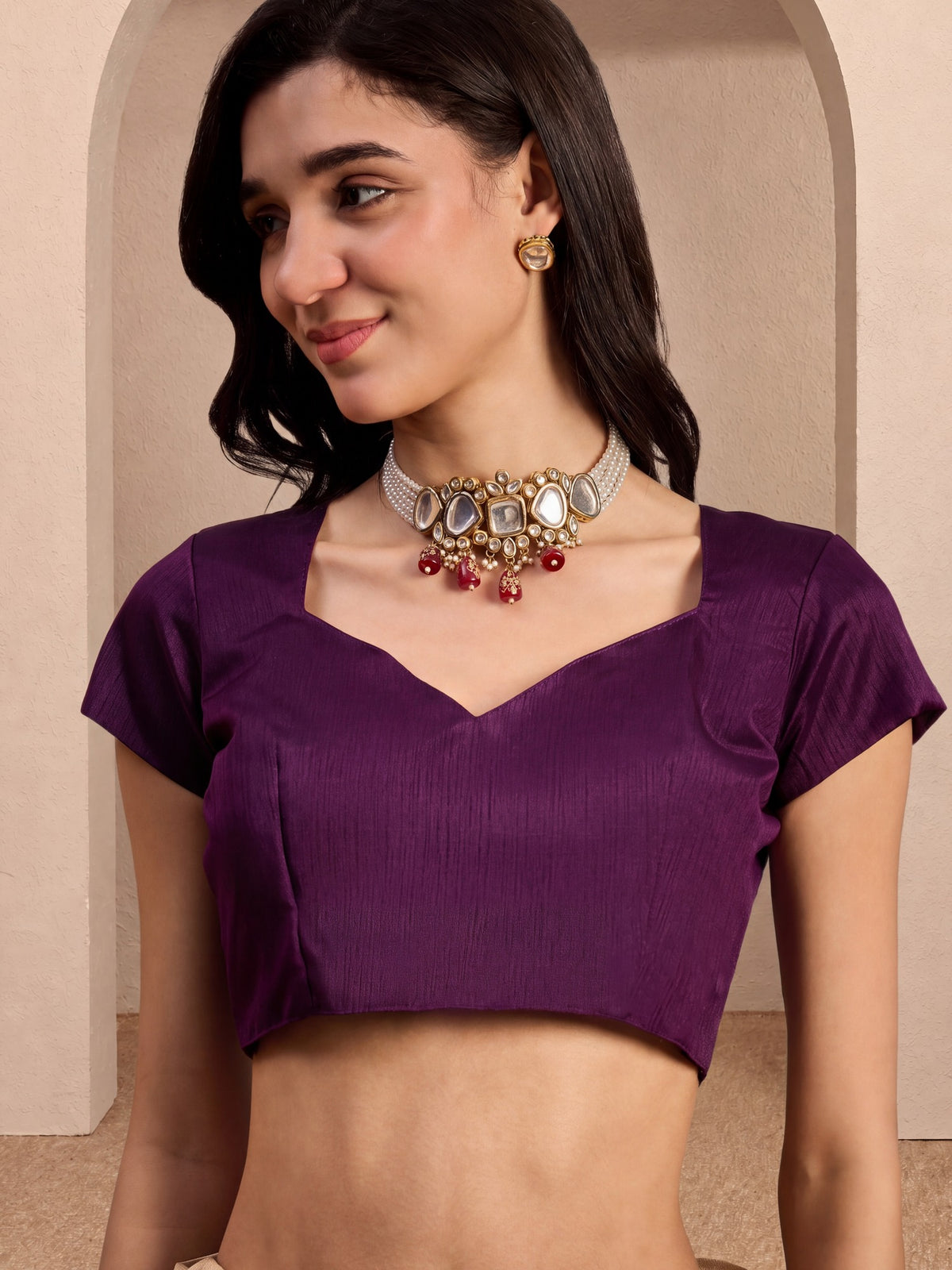 Unstitched purple silk blend blouse piece with solid design