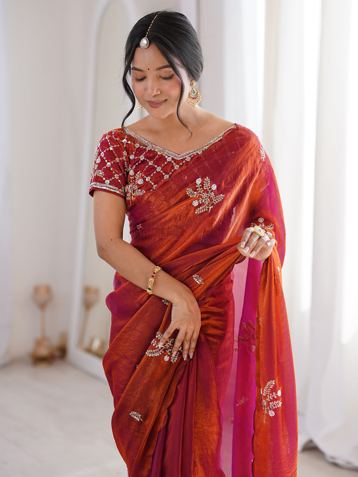 Rust Satin saree – detail view 4