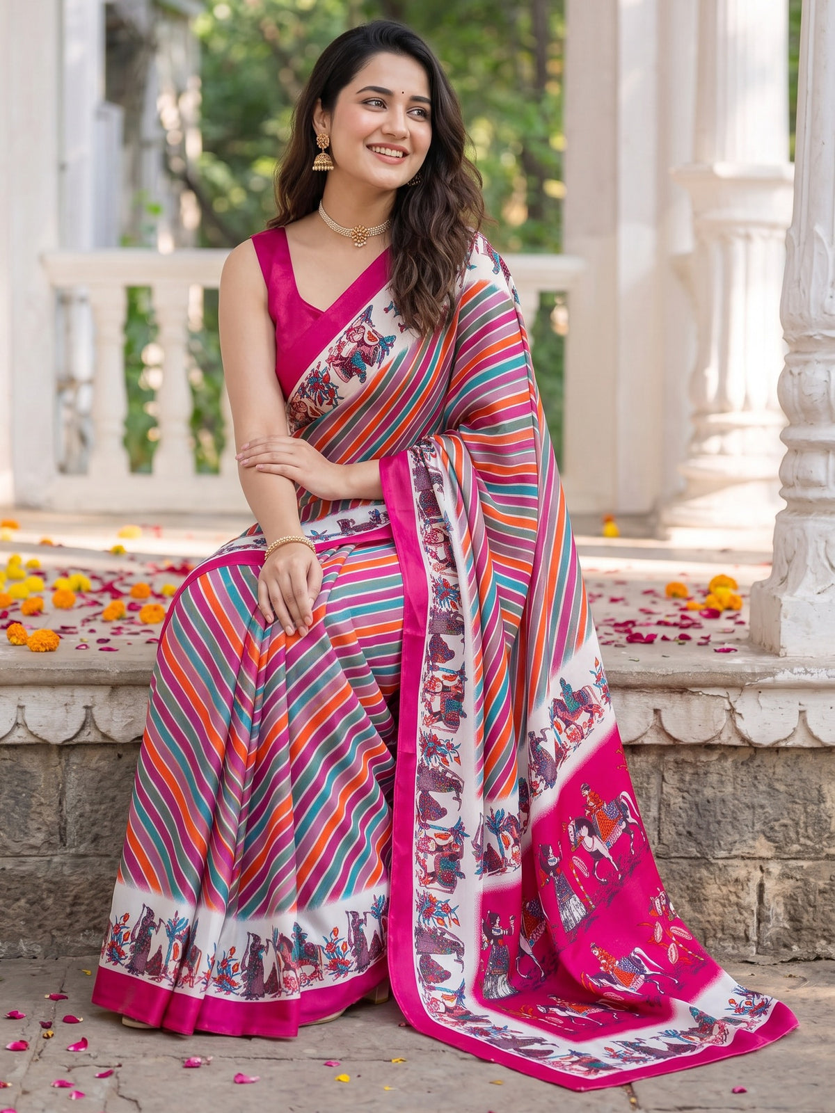 Pink crepe saree view 4