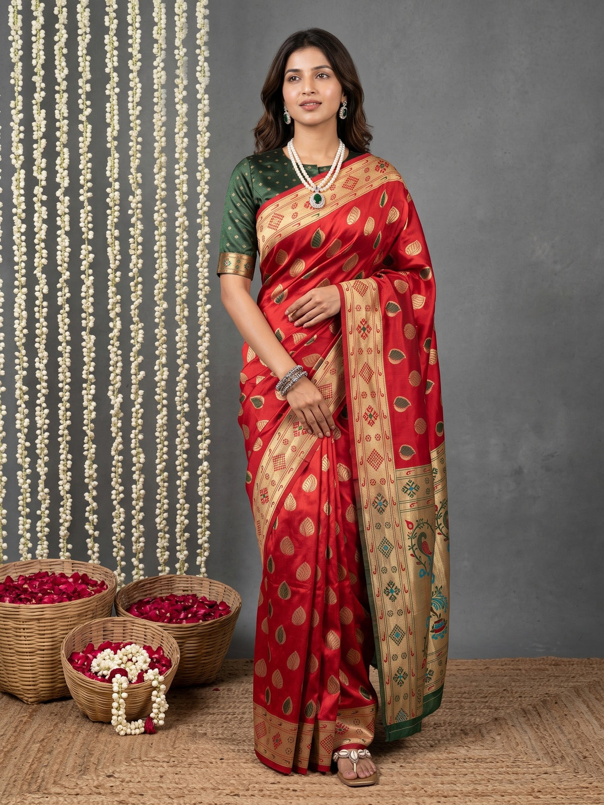 Woman wearing red silk blend saree with zari butta (metallic motif) work and green blouse