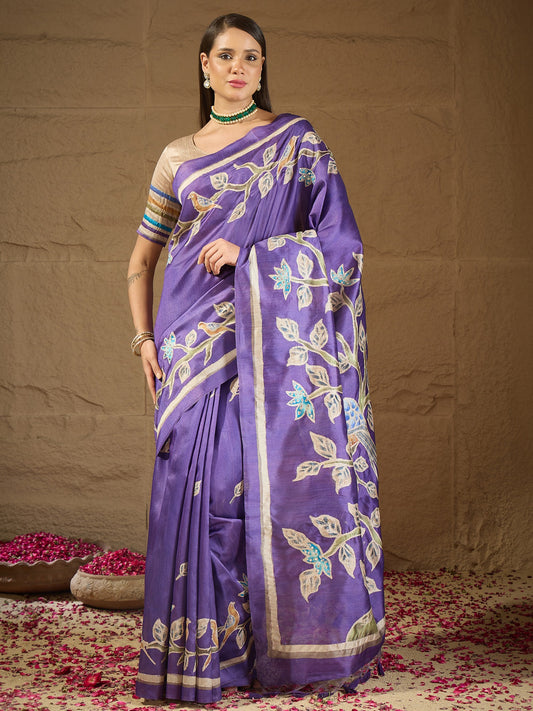 Violet ethnic motif art silk saree with beige blouse piece