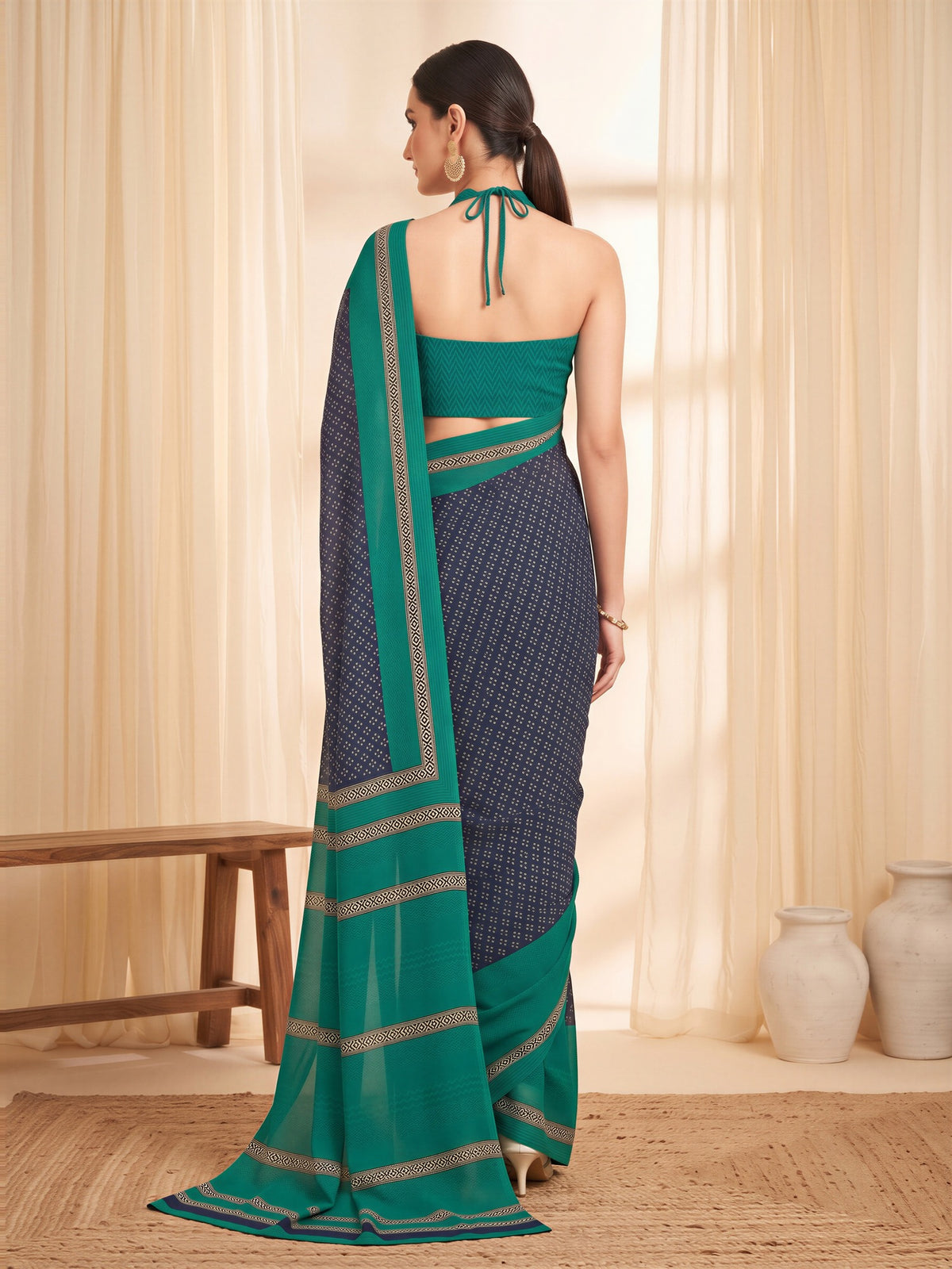 Navy Blue Crepe saree – detail view 1