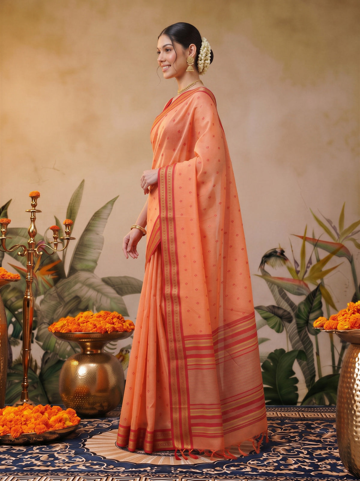 Peach cotton blend saree view 2