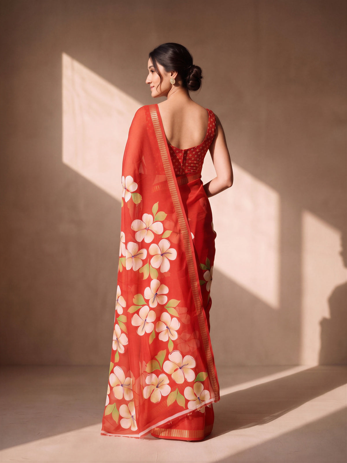 Red Georgette saree – detail view 1