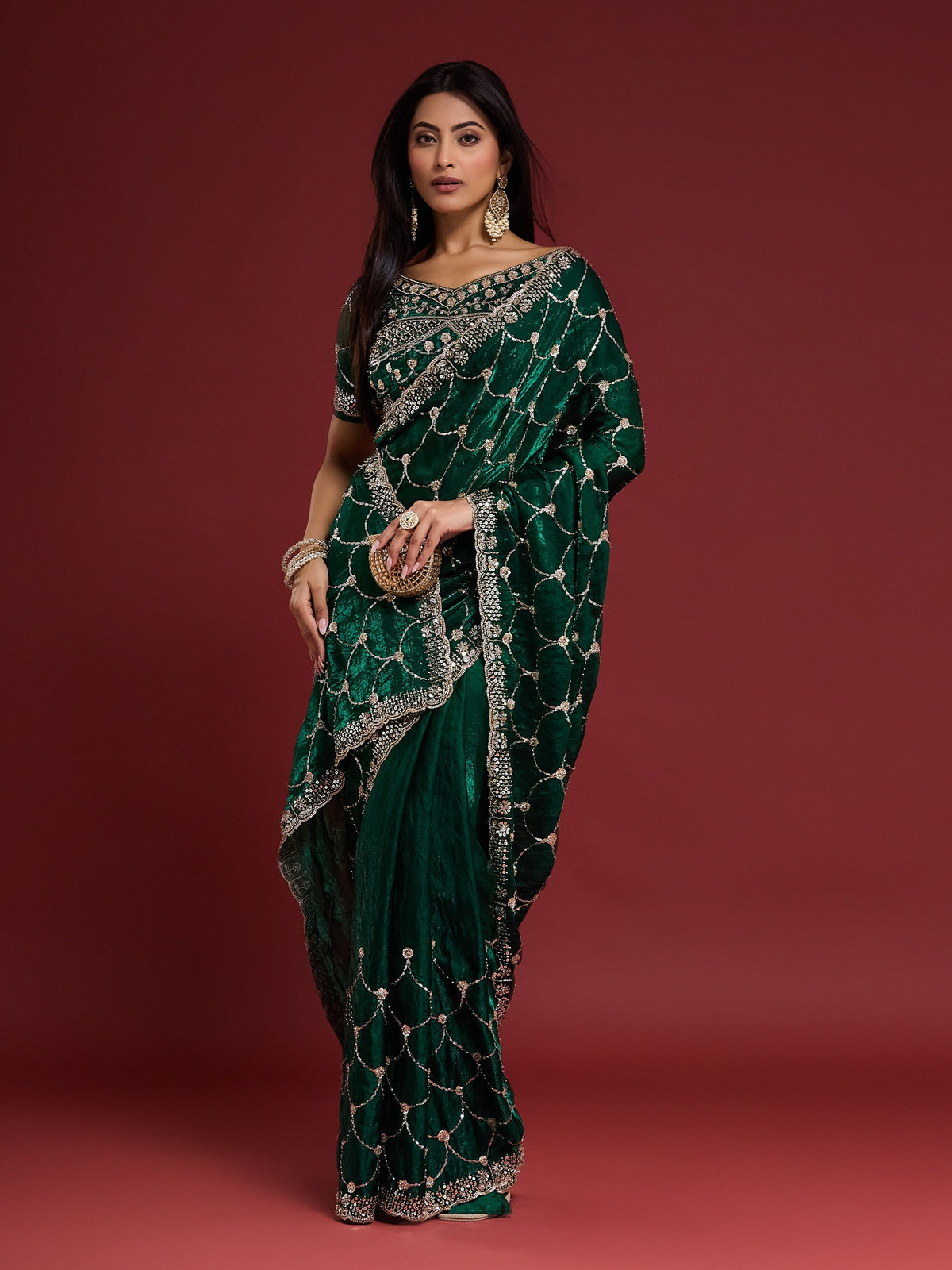 Green Satin saree – detail view 3