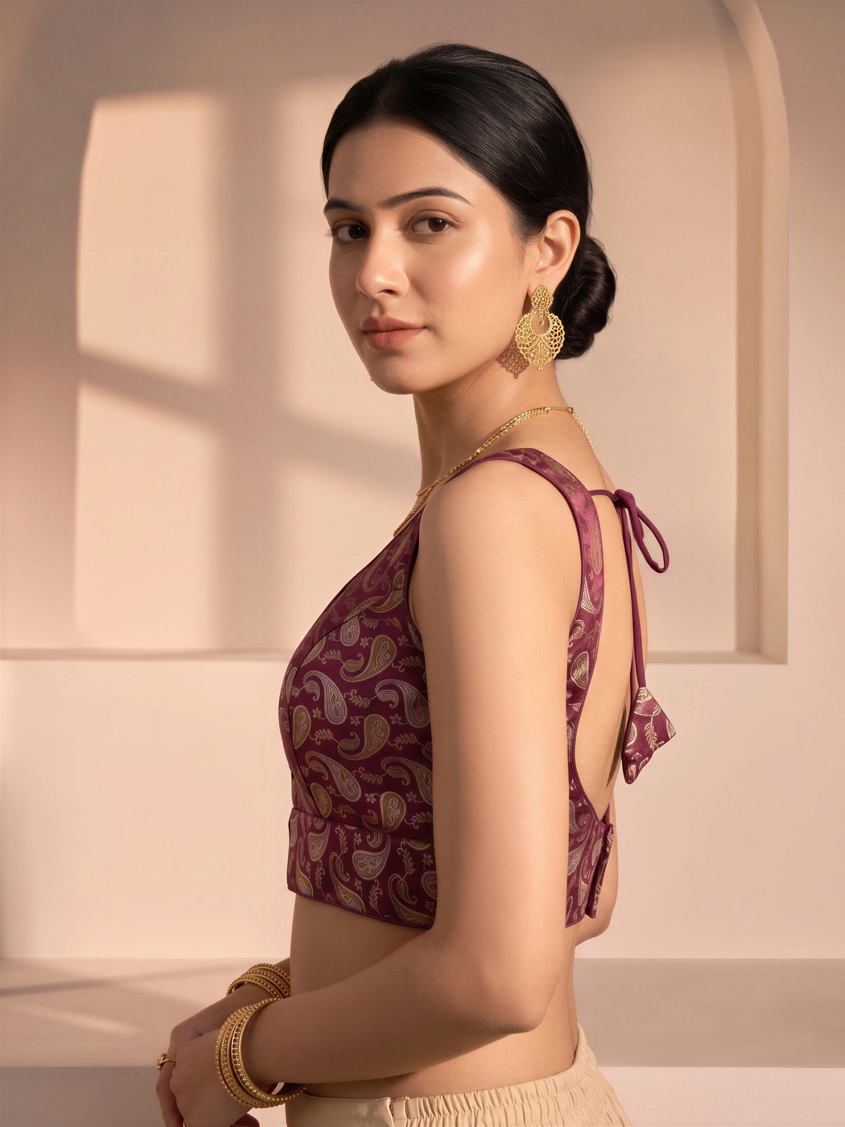 Coffee Brown woven brocade silk blend sleeveless readymade saree blouse with v neck view 2