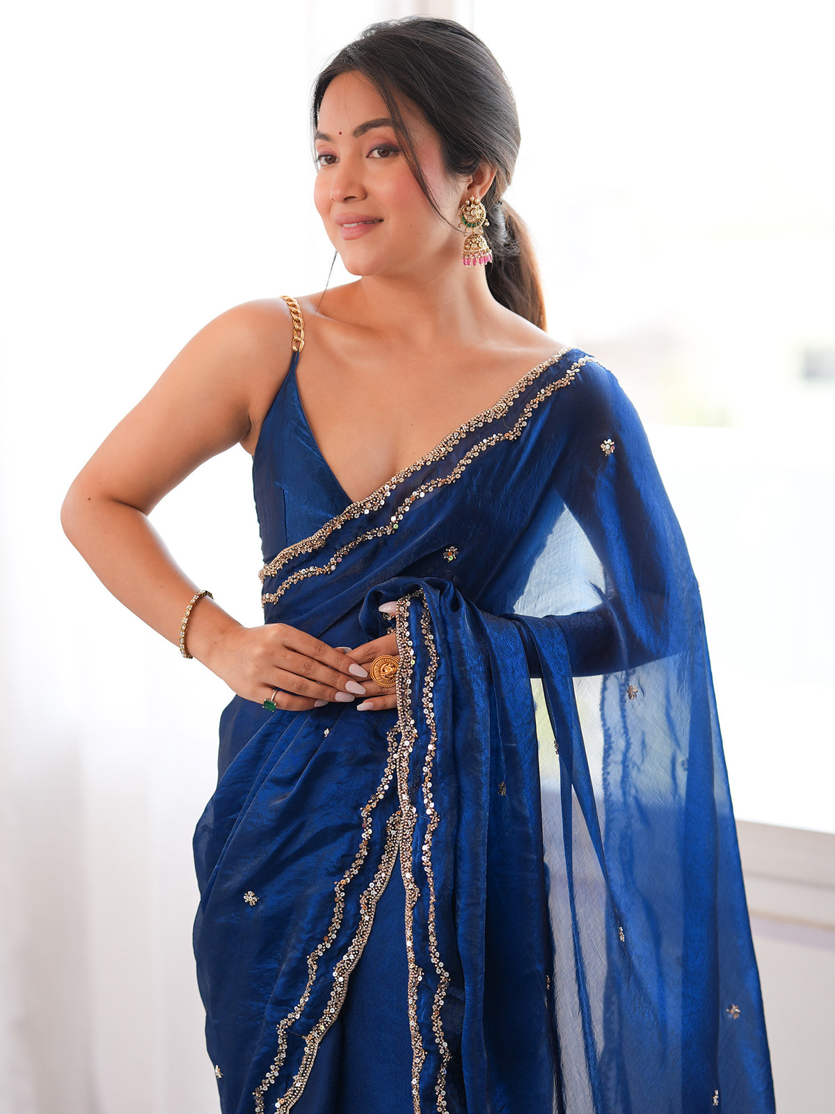 Teal Blue Satin Silk saree – detail view 3