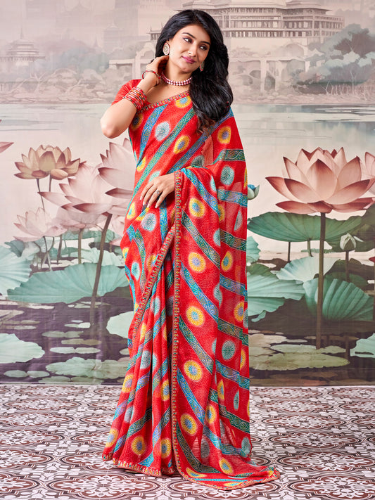 Woman wearing red georgette saree with bandhani tie-dye dot work and red blouse