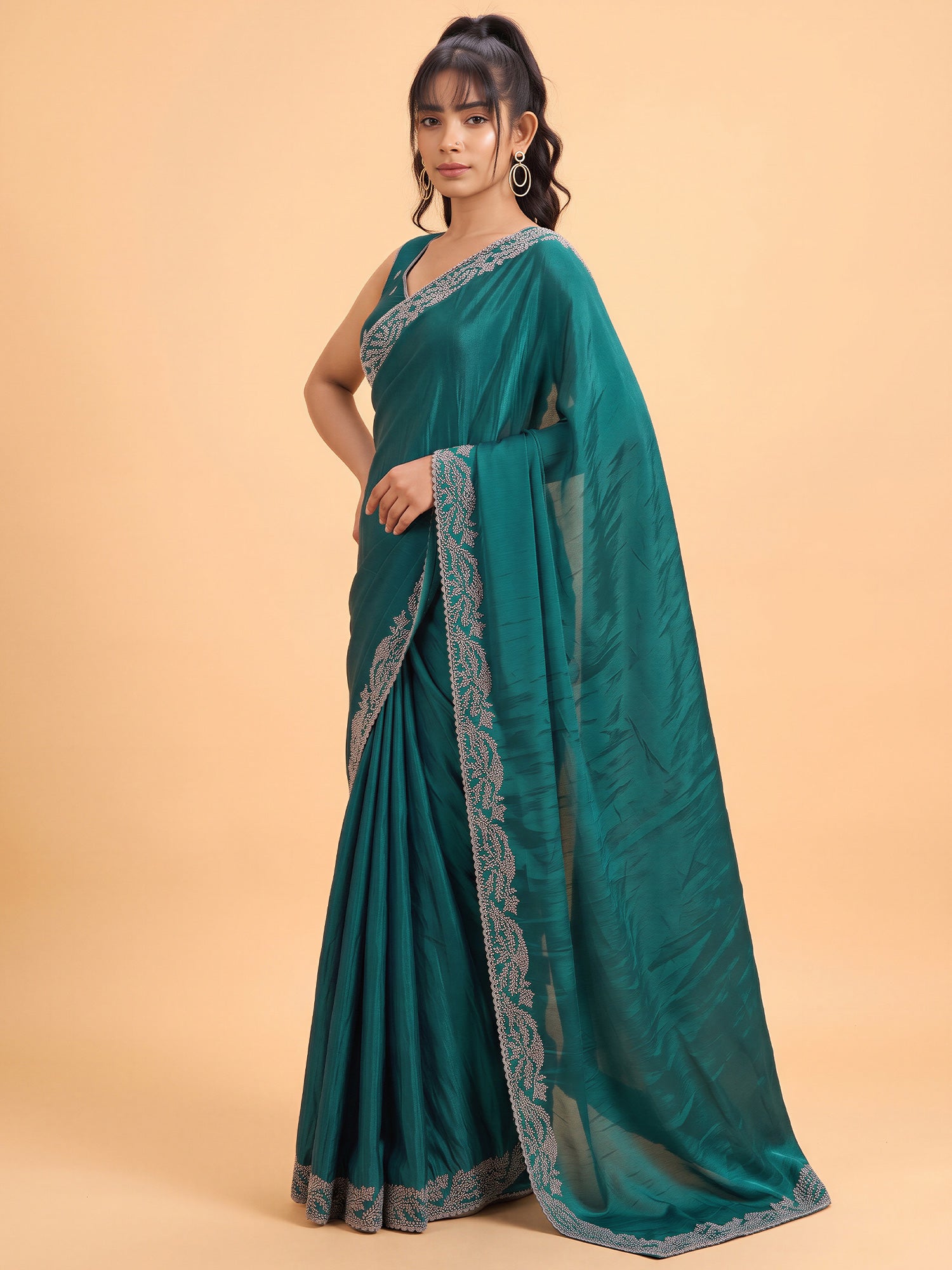 Teal Green Satin Silk saree – detail view 2