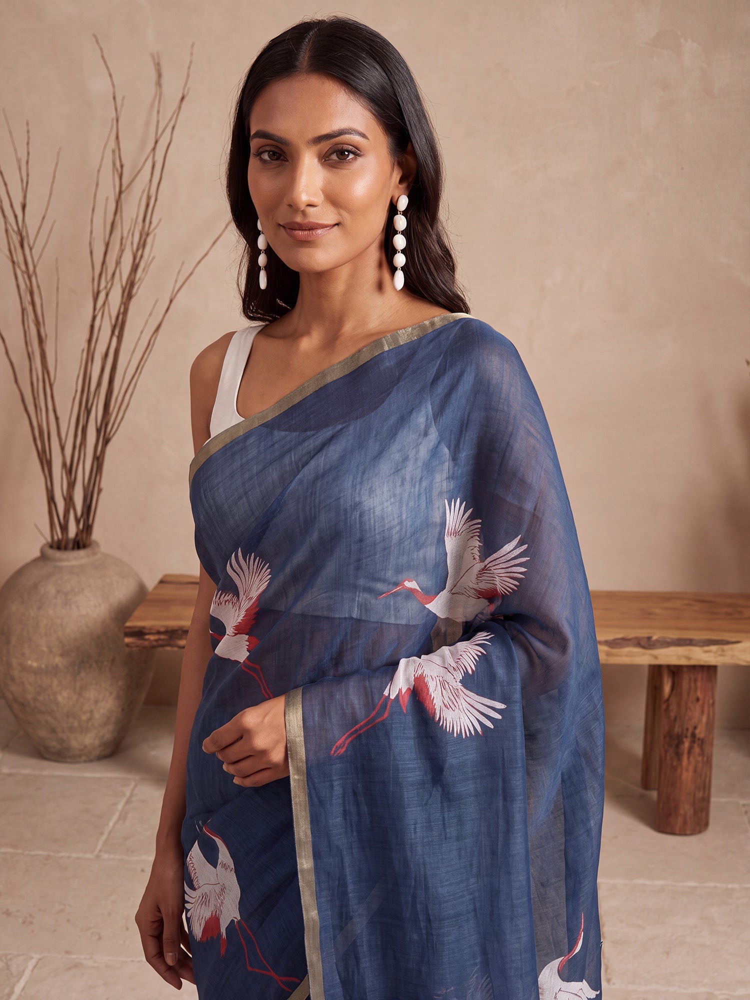 Navy Blue Cotton Linen saree – detail view 4