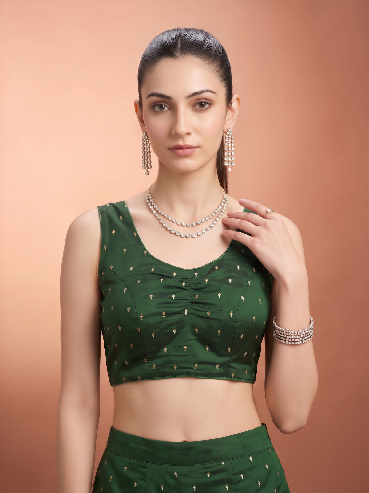Dark Green sequin embellished silk blend sleeveless readymade saree blouse with round neck view 3